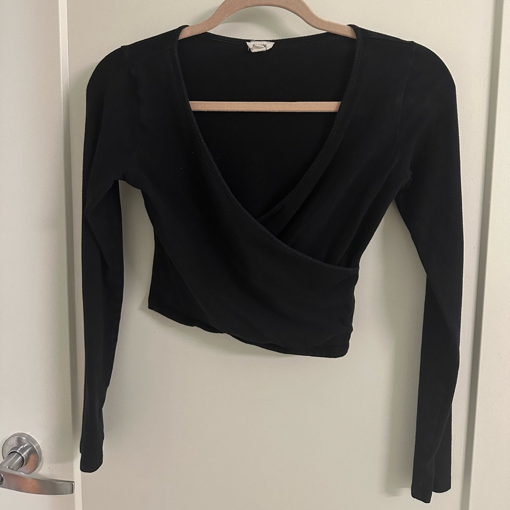 Garage Black V Neck Wrap Cropped Long Sleeve Top